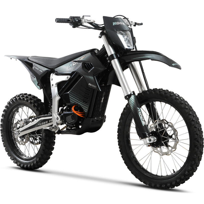 MotoTec Venom 72V 30000W Electric Dirt Bike front three-quarter view in Black