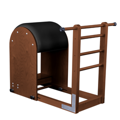 Rear angled view of Legacy Pilates Apparatus Teak Pilates Ladder (High) Barrel