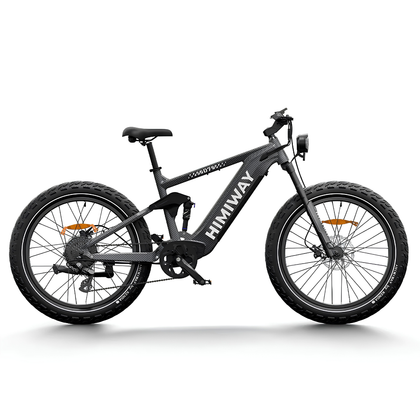 Himiway D7 / Full Suspension Electric Hunting Bike side view with full suspension frame and fat tires