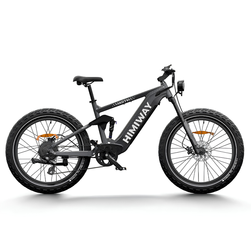 Himiway D7 / Full Suspension Electric Hunting Bike side view with full suspension frame and fat tires