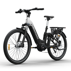 Himiway A7 Pro electric bike front angled view in black with rear rack and step-through frame