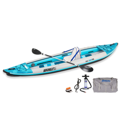Sea Eagle 385ft FastTrack Deluxe Solo V-Bottom Pkg inflatable kayak with paddle, pump, repair kit, and carry bag
