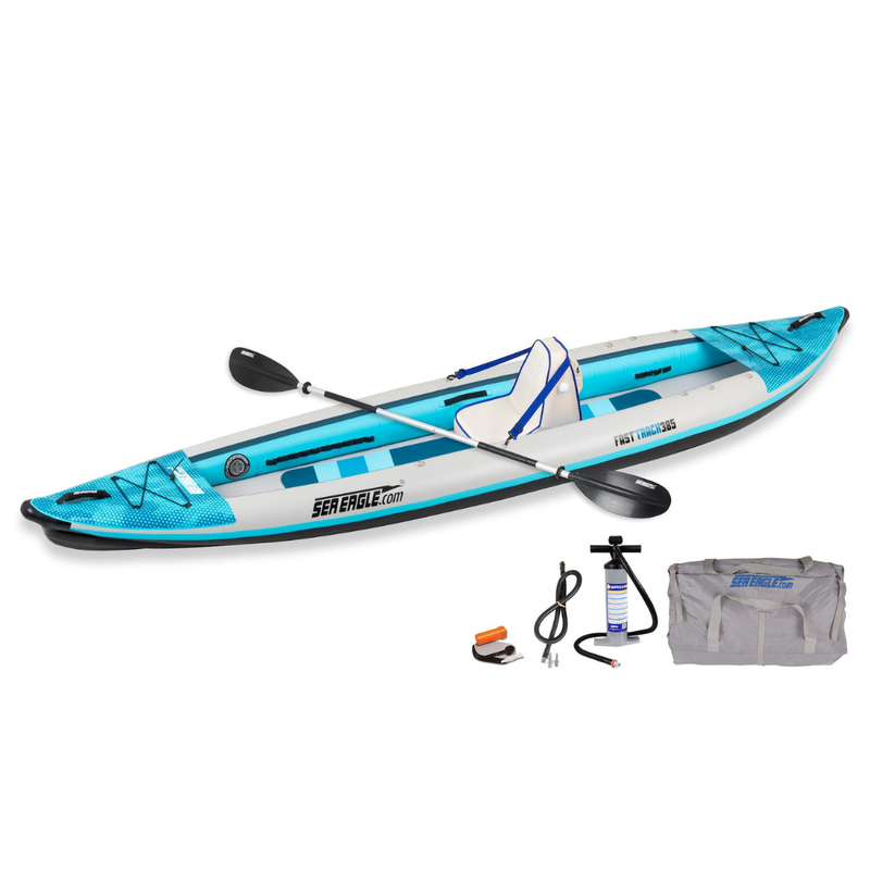 Sea Eagle 385ft FastTrack Deluxe Solo V-Bottom Pkg inflatable kayak with paddle, pump, repair kit, and carry bag
