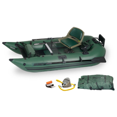 Sea Eagle inflatable fishing boat with seat, oars, pump, and carry bag