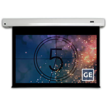 Severtson Cinema Series 16:9 150" Matte White electric projection screen with white aluminum case and black screen border displaying a countdown image