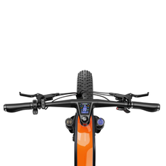 Front view of the orange Heybike Hero handlebars, color display, and front tire.