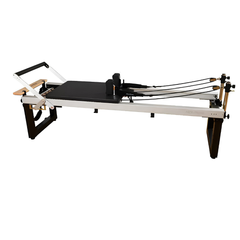 Align-Pilates A8-Pro Reformer 64cm Legs side view showing full reformer frame, carriage, footbar, and rope system