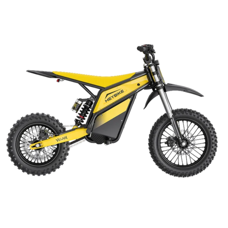 Left-side view of the Classic yellow Heybike Villain electric dirt bike.
