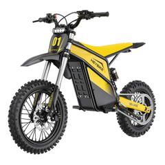 Angled front view of the Classic yellow Heybike Villain electric dirt bike.