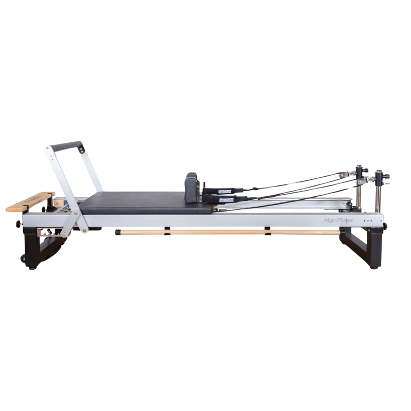 Align-Pilates A8-Pro Reformer Short 28cm Legs side view showing full reformer length, carriage, footbar, and short legs