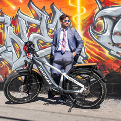 Himiway D5 Pro electric bike with rider standing near colorful wall art