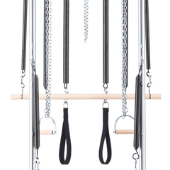 Spring, chain, and handle attachments on Legacy Pilates Apparatus Pilates Wall Unit with Foldable Low Mat