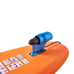 Aqua Marina AMgo Turbo 366 with BlueDrive S Power Fin Set close-up showing BlueDrive S power fin installed