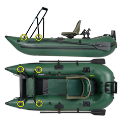 Sea Eagle inflatable fishing boat side and top view with mounting points