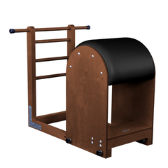 Front angled view of Legacy Pilates Apparatus Teak Pilates Ladder (High) Barrel
