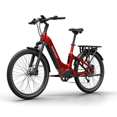 Himiway A7 electric bike front view in Red showing handlebar, front wheel, and step-through frame