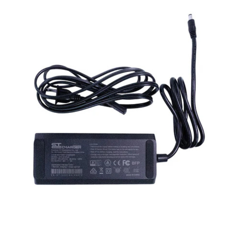 Blix 48V 2A eBike Charger rear view with product label and connector cables