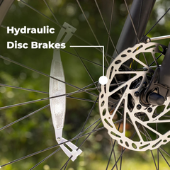 Close-up of the Jasion Thunder's rear hydraulic disc brake, with text overlay reading Hydraulic Disc Brakes