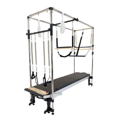 Align-Pilates Full Cadillac Frame (for A & C Series) angled view attached to Pilates reformer with straps and trapeze accessories
