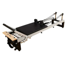 Align-Pilates A8 Pro Reformer (42cm/Standard legs) angled view showing carriage platform, shoulder rests, footbar, and standard legs
