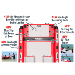 Sea Eagle FastCat14 Catamaran – Deluxe 2 Person Package feature diagram showing D-rings, accessory pads, casting bar attachment, and fish ruler
