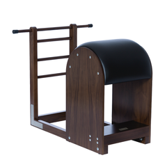 Front angled view of Legacy Pilates Apparatus Walnut Pilates Ladder (High) Barrel
