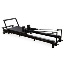 Align-Pilates C8-Pro Noir Reformer Black angled side view showing full reformer frame, carriage, footbar, and ropes