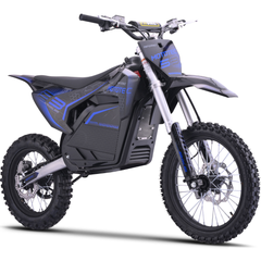 MotoTec 72V Pro 5000W Electric Dirt Bike front three-quarter view in Blue