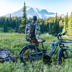 Himiway D5 2.0 Camo electric bike outdoors with rider in forest setting