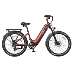 Red Heybike Hybrid step-through electric bike shown from the side.