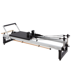Align-Pilates A8-Pro Reformer Short 28cm Legs angled side view showing carriage platform, shoulder rests, ropes, and frame