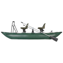 Sea Eagle 375fc FoldCat – Green Fold Cat Dlx Pkg side profile with seats and frame setup