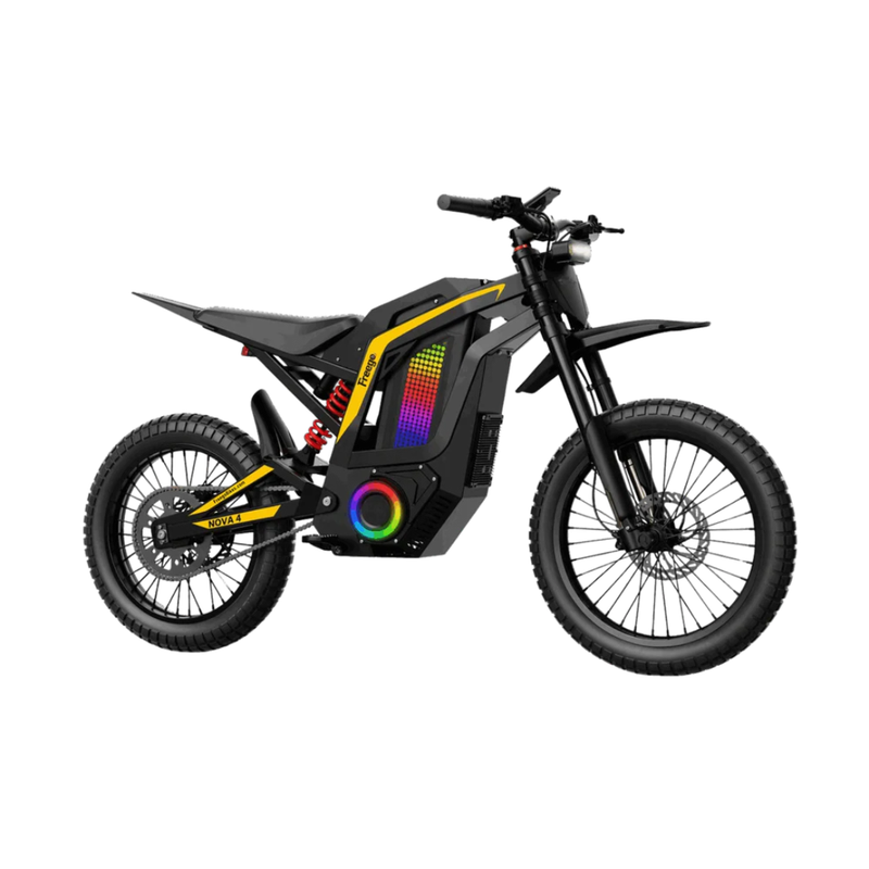 FreeGo Nova 4 Mid-Drive Electric Dirt Bike black and yellow studio front side view