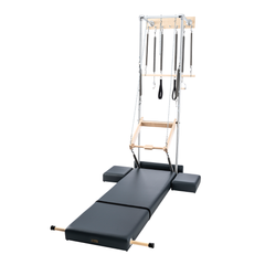 Angled view of Legacy Pilates Apparatus Pilates Wall Unit With High Mat