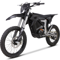 MotoTec Venom 72V 12000W Electric Dirt Bike opposite front three-quarter view in Black