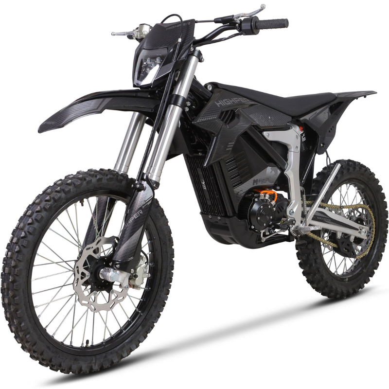 MotoTec Venom 72V 12000W Electric Dirt Bike opposite front three-quarter view in Black