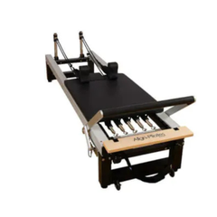 Align-Pilates A8 Pro Reformer (42cm/Standard legs) front angled view showing footbar, carriage, shoulder rests, and spring area