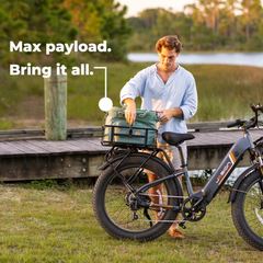 Man loading a cooler bag onto the Jasion Thunder's rear cargo rack on a dock, with text overlay reading Max payload, bring it all