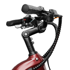 Close-up of the Heybike Hybrid adjustable handlebar stem and cables.