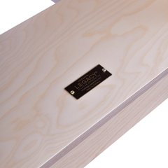 Maple wood and brand plate detail on Legacy Pilates Apparatus Maple Pilates Ladder (High) Barrel