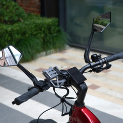 Aluminum Alloy Phone Holder – installed on e-bike handlebar with mirrors