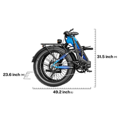 Folded blue Heybike Horizon electric bike with labeled dimensions.