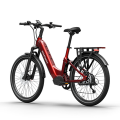 Himiway A7 electric bike rear angled view in Red with rear rack and step-through frame