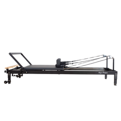 Align-Pilates R8-Pro Light Commercial Reformer Black side view showing full reformer length, carriage, footbar, and ropes