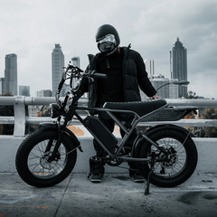 Rider posing with the Jasion RetroVolt Pro electric bike in an urban setting