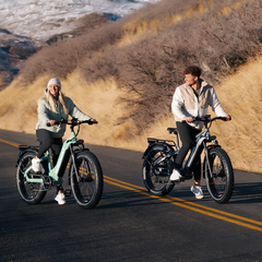 Himiway D5 (Zebra) electric bikes in use on paved road