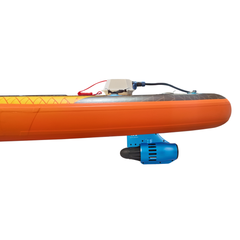 Aqua Marina AMgo Turbo 330 with BlueDrive S Power Fin Set side view showing BlueDrive S power fin under the board