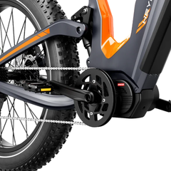 Close-up of the Hero mid-drive motor, crankset, chain, and battery.