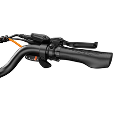 Close-up of the Heybike Hybrid handlebar grip, brake lever, and controls.