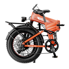 Rear view of the orange Mars 3.0 frame, battery, wheel, and drivetrain.
